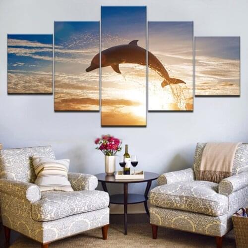 5pcs HD Printing Canvas Drawing Dolphin Jumping Ocean Sunset Art Group Home Decor Wall Poster Modular Photos