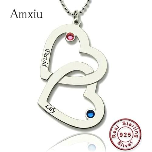 Amxiu Customized 925 Sterling Silver Pendant Necklace Personalized Engrave Two Names Necklaces Heart Necklace With Birthstones
