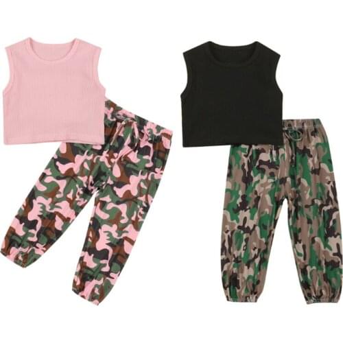2-6Y Girls Boys Fashion Clothing Sets Children Kids Baby Solid Sleeveless Tops+Camouflage Pants Casual Clothes Outfits