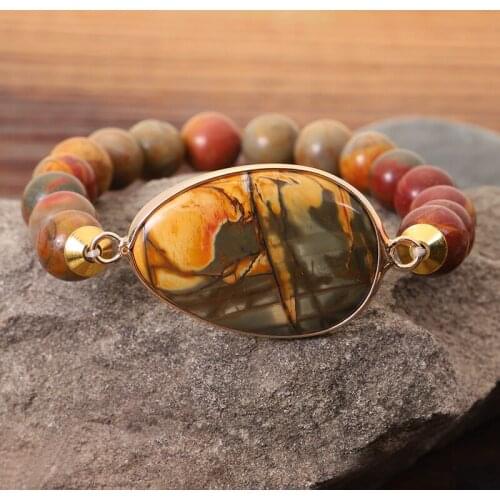 Men Bracelets Natural Picasso Stone Beads Bracelet Handmade Simple Design Luxury Elastic Strand Bracelet Pulsera Women Jewelry