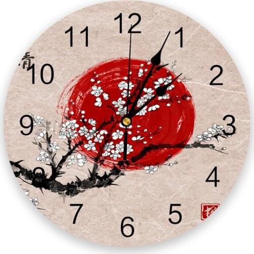 Red Cherry Blossom Sun Branch Wall Clock Round Style Fashion Modern Design Wall Clock Home Living Room Bedroom Decoration