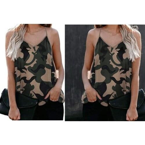 New Womens Camouflage One Shoulder Vest Camisole Pullover V-Neck Splicing Top Green Camouflage