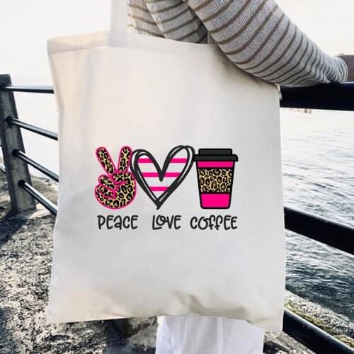 Leopard Peace Love Coffee print Fashion Canvas bag Big Capacity Harajuku Shoulder Bag Women New Vintage lady shopping tote bag