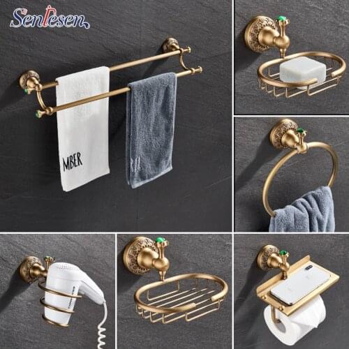 Senlesen Antique Brass Bathroom Hardware W/ Jade Wall Mount Paper Holder Para Bath Shower Solid Brass Bathroom Accessories