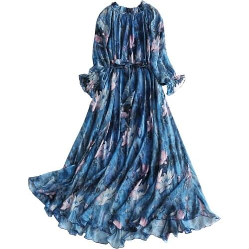 Colorful Floral Printed Chiffon Long Maxi Dress Free and loose Beach Wedding Long Flowy Dress Long Sleeve Runway Dress plus size