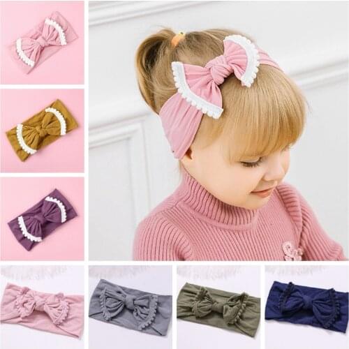 Wide Nylon Bow Headband with Pompom Trim, Knot Bow Nylon Head wraps, One size fits most