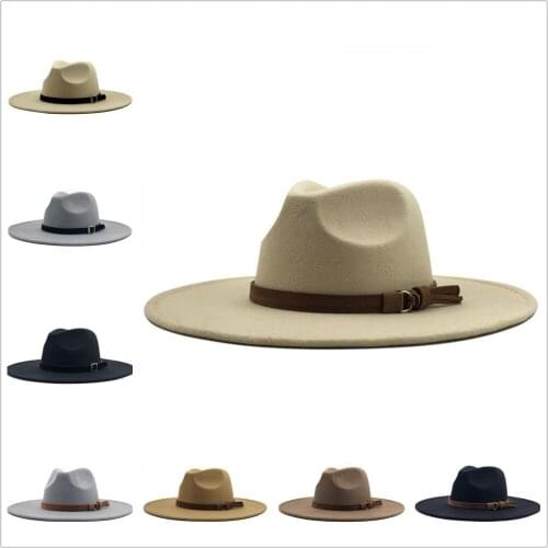Simple British Style Fedoras Cap Winter Wool Solid Classic Bob Men Women Panama Jazz Hats 9.5CM Wide Brim Big Fedoras