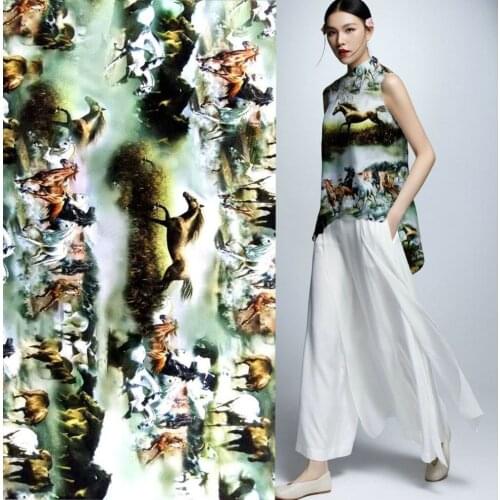 Telas anti-wrinkle silk satin chine sericiculture clothes material Ten thousand steeds gallop printed silk fabric green stickers