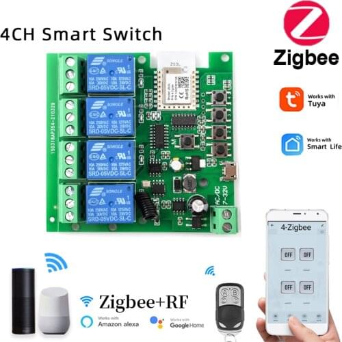 Zigbee Tuya Smart 4CH Relay Module DC5V 7-32V RF433Mhz Remote Control Light Switch Work With Alexa Google Home Tuya Gateway Hub