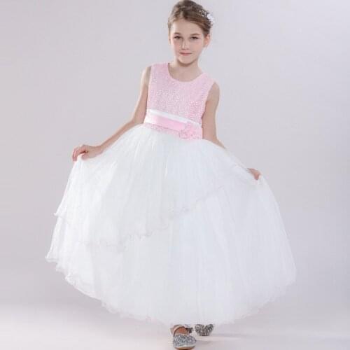 Girls 3-12 Y Spring Summer O-Neck Sleeveless Mid-calf Length Dress Fashion Waist Bows Ball Gown Costume Princess Girl Dresses