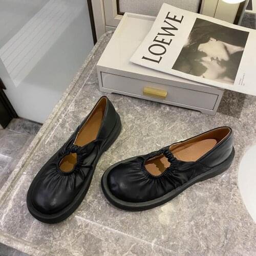 Spring new thin soft leather loafers retro one-step flat shoes versatile daily wrinkled casual leather womens single shoes