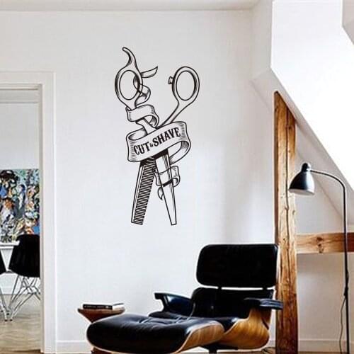 Barbershop Scissors Comb Cut Shave Window Wall Sticker Barber Hair Hairstylist Salon Shop Wall Decal Vinyl Decor