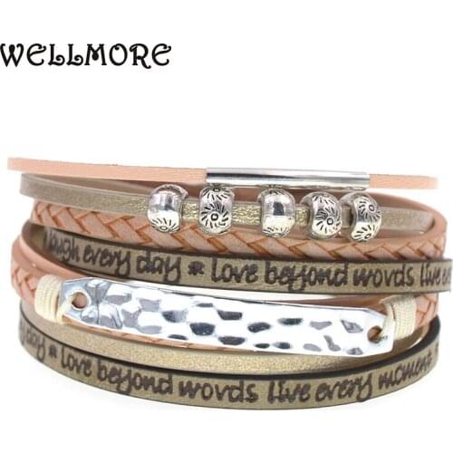 WELLMORE 2020 new leather bracelets for women metal strap beads magnet Bracelets & Bangles Multilayer Wide Wrap Bracelet jewelry