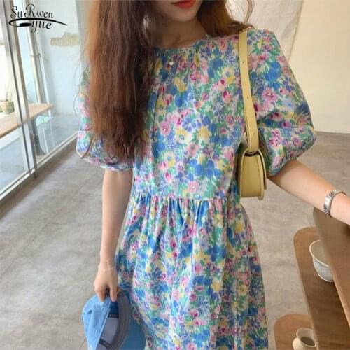 Women Summer 2021 Dress Sweet Oil Panting Flower Long Dress High Waist Puff Sleeve Pleat Dresses Woman Pullover Clothing 14540