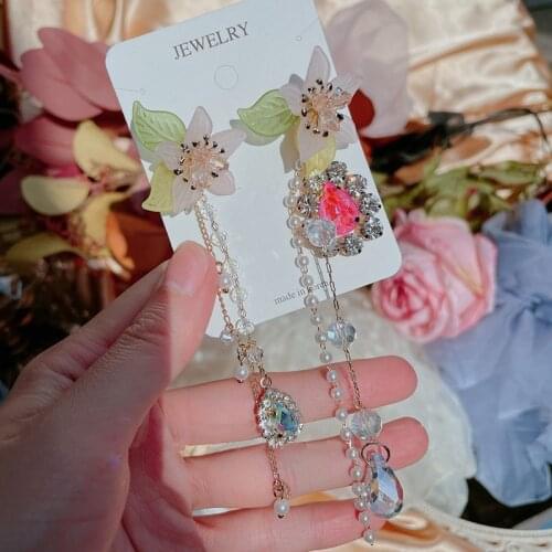 MENGJIQIAO Korean Elegant Pink Flower Drop Earrings For Women Ladies Fashion Crystal Tassel Summer Holiday Brincos Jewelry