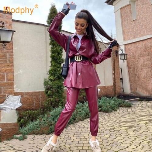 2020 Autumn New Pu Leather WomenS Set Lapel Single-Breasted Mid-Length Shirt And Casual Pants Streetwear 2 Two-Piece Suit