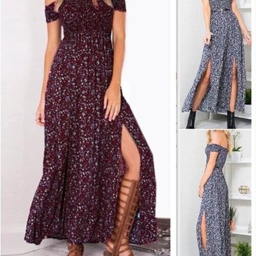 Women Dress Summer Printed Long Dress Fashion Sexy Side Split Slash Neck Dress 2021 New Arrival 3 Colors New