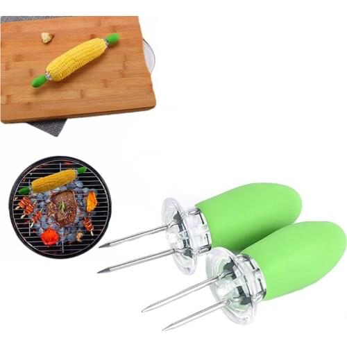2 Pcs/Set New Stainless Steel Barbecue Corn Skewer Fork Twin Prong BBQ Skewers Home Fruit Watermelon Forks Outdoor BBQ Tools