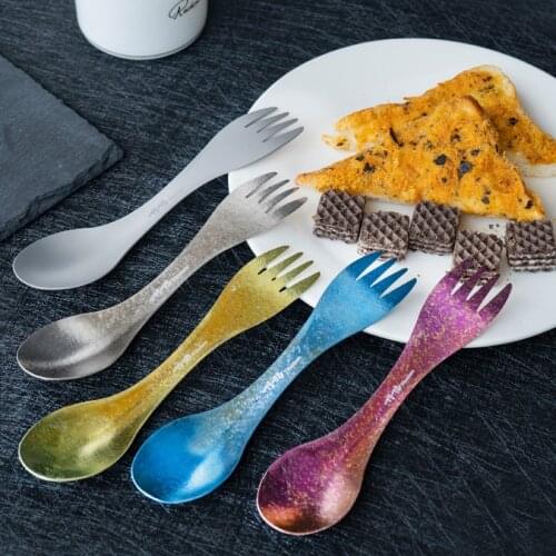 2In1 Titanium Camping Spoon Fork Set Outdoor Portable Tableware Cake Food Fruit Matte Elegant Korean Soup Travel Picnic Cutlery