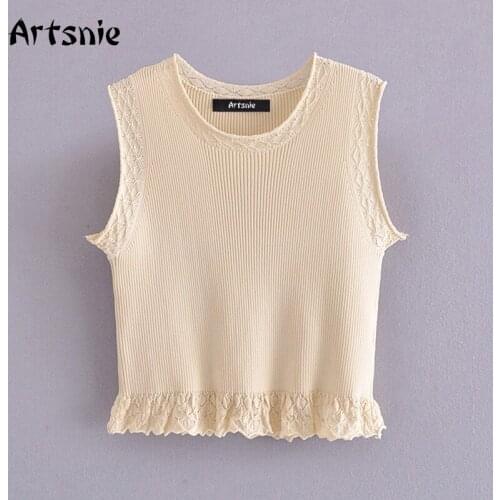 Artsnie Hollow Out Lace Sweater Vest Women Summer 2021 O Neck Sleeveless Ruffles Vest Vintage Khaki Ladies Slim Sweater Vest