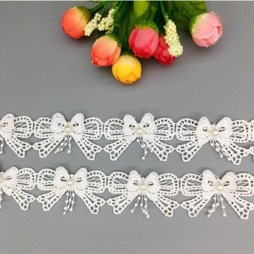 50x White Butterfly Knot Bow Lace Trim Pearl Beaded Tassel Ribbon Applique Hat Decorative Wedding Dress Sewing Crafts