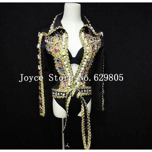 Shining Womens Handmade Rhinestone Slim Jacket Baroque Female Singer Sexy Gem Costume Coat Stage Dance Wear