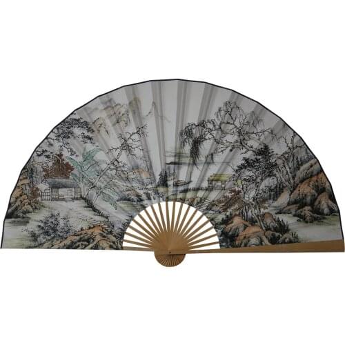 Large Folding Paper Fan Chinese Style Crafts Banboo Frame Background Decorative Fan Hanging Decoration Evening Landscape Houses