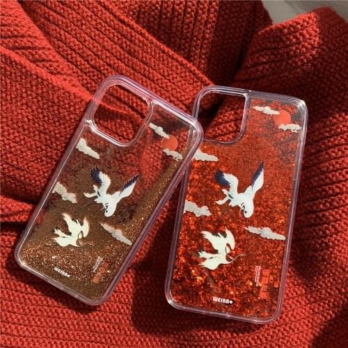 Chinese style Red-crowned Crane phone case for iphone 7 8 plus x XR xs max 11 12 pro max 12mini Glitter Liquid Dynamic Quicksand