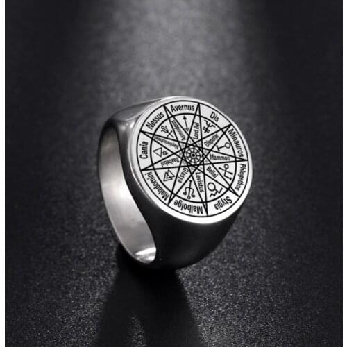Nine Hells and Layer Rulers Solomon Seal Punk Ring for Men Women Gold Stainless Steel Engraving Viking Mens Signet Ring Jewelry