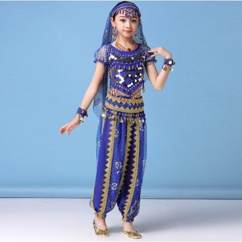 2019 Festival Performance Girls Indian Clothing Outfits Children Bollywood Dance Costume Set 5pcs (Top Belt Pants Sari Handband)