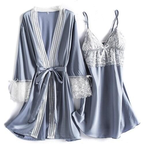 Womens 2pcs Solid Satin Lace Bathrobe Set Spring Summer Casual Ladies Sleepwear Long Sleeve Dressing Gown Clothing