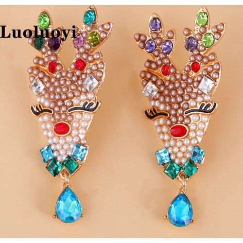 Luoluoyi Bohemia Christmas Reindeer Drop Earrings for Women Fashion Jewelry Shiny Crystal Pearl Dangle Statement Earrings