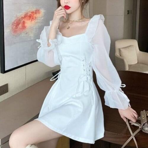 Sweet Girl Spring/Autumn French Gentle Vintage Fairy Lace Patchwork Dress Sexy Bandage Square Collar Offiec Lady Elegant Dress