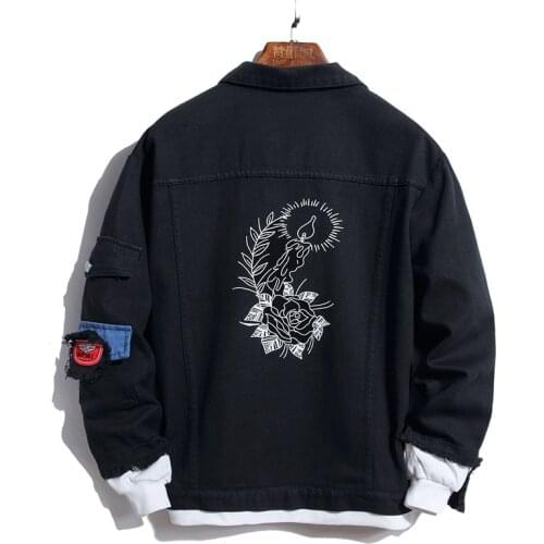 New Mens Male Fashion Casual Flower Print Black Denim Jacket Fashion Bird Embroidery Patchwork Jean Coat Outwear 0819