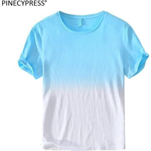 Linen Cellulose Fiber Breathable Quality Fashion Gradient Color Man T Shirt Summer Beach Male Short Sleeve O-neck Men T-shirt