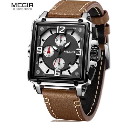 MEGIR Mens Square Quartz Wrist Watches Clock Army Sports Casual Chronograph Stop Watch Leather Relogios Masculino 2061Brown