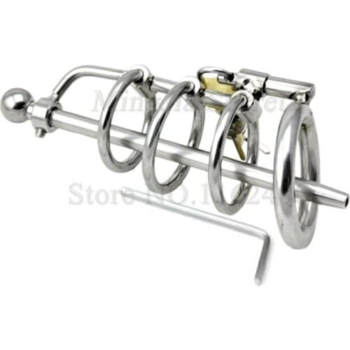 3 Rings Stainless Steel Male Chastity Device with Penis Plug Catheter,Cock Cage,Penis Rings,Chastity Lock,BDSM Sex Toys For Man