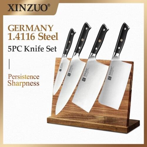 XINZUO 5PCS Chefs Knife Set Damascus Steel with Ebony wood Handle New Best Chef Knife Set Excellent Acacia Wood/Knife Set BlocK