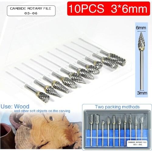 10pcs Rotary File Set tungsten steel grinding head tungsten carbide burrs sets 3MM Shank Double Cut Solid Carbide Rotary Burr