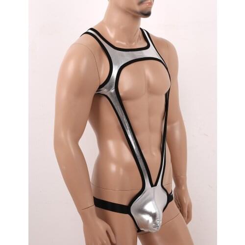 Open Butt Mens Shiny Metallic Pole Dance Clubwear Bulge Pouch Jockstrap Wrestling Singlet Leotard Mankini Bodysuit Underwear