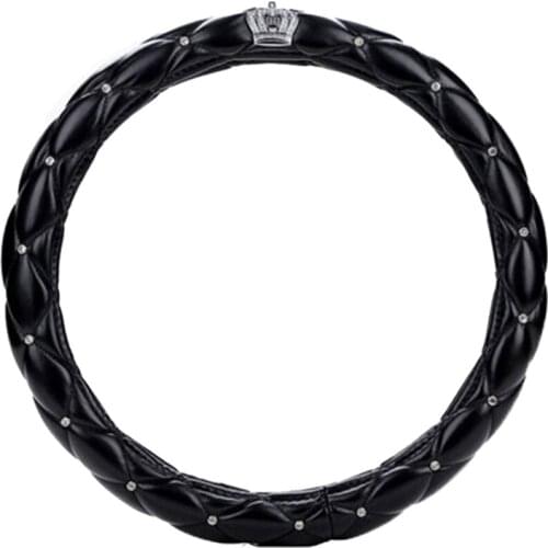38cm Luxury Crystal Crown Studded Rhinestone PU Leather Car Steering Wheel Cover Diamond Steering Cover Interior Car Accessories