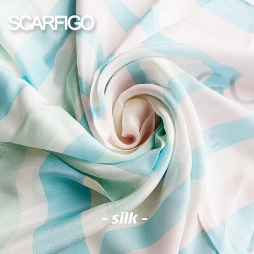 SCARFIGO 50*50CM Square Silk Scarves Blue Plaid Printing Women Fashion Small Neck Scarves Bag Accessories
