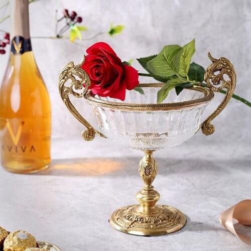 Fruit tray Glass bowl with high feet and two ears Snack storage bowls Home Decoration Desktop ornaments Brass European retro