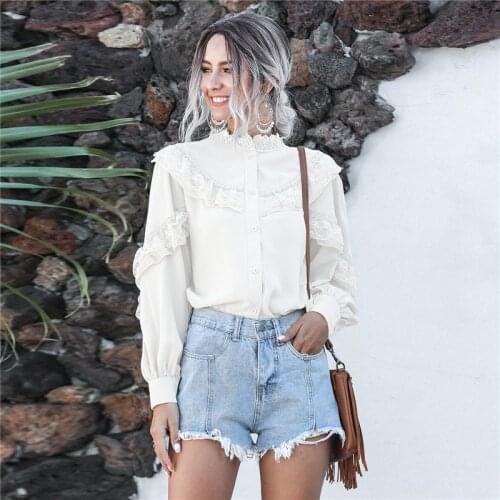 Spring Summer Lace Spliced Chiffon Top Women 2021 New Cusual Lantern Sleeve Loose Blouse Ladies Single Breasted Chic Top