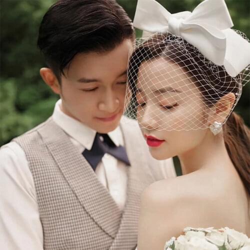 New Minimalist Style White Oversized Bow Hair Clip Veil face Cover Bride Headdress wedding hair accessories