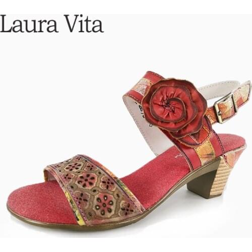 Laura Vita Retro Genuine Leather Shoes Woman Vintage Sandals Hook Loop Buckle T-belt Heel Beach Sandals Summer Shoes