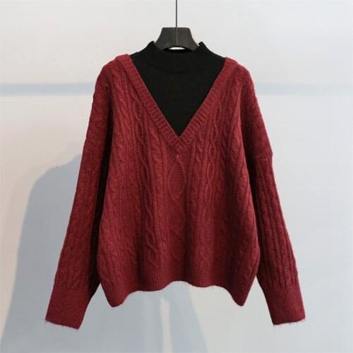 Flase Two Pieces Women Sweaters and Pullovers Solid Loose Thicken Warm Lady Elegant Pulls Outwear Coat Tops