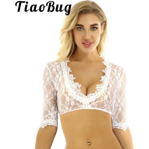 Female Women Wedding Shrug Jackets Bavarian Oktoberfest Costume Deep Half Sleeve Sheer Lace Pullover Dirndl Blouse Crop Tops