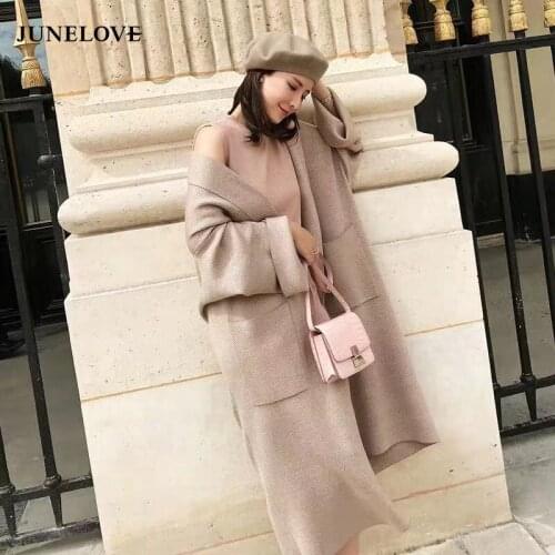 JuneLove Sweater Knitwear Cardigan Women 2021 New Long Sleeve Solid Warm Vintage Autumn Winter Retro Daily Elegant Loose Korean