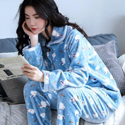 H5805 Winter Women Pajamas Thick Coral Velvet Sleepwear Suit Middle-aged Mother Flannel Long Sleeve Warm Casual Korean Homewear